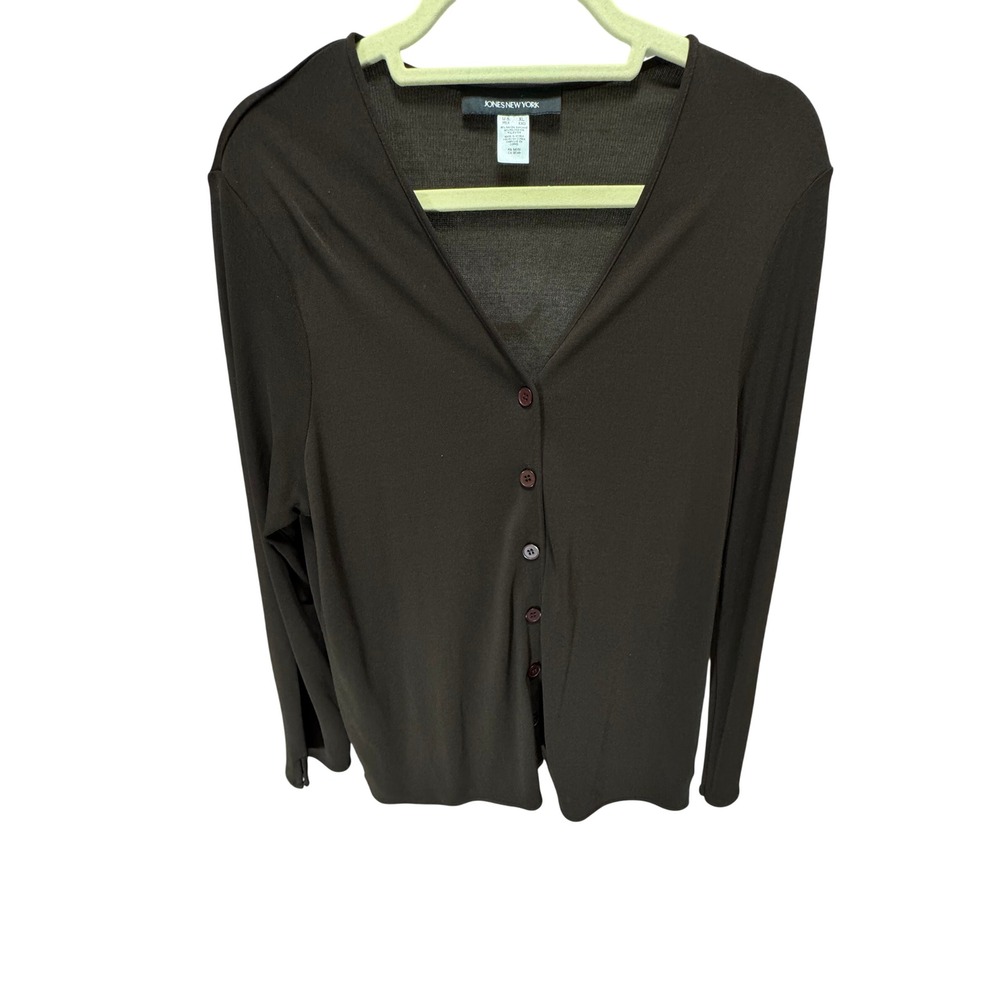 Jones New York Blouse Women XL Brown V-Neck Button Front Long Sleeve Classic 90s